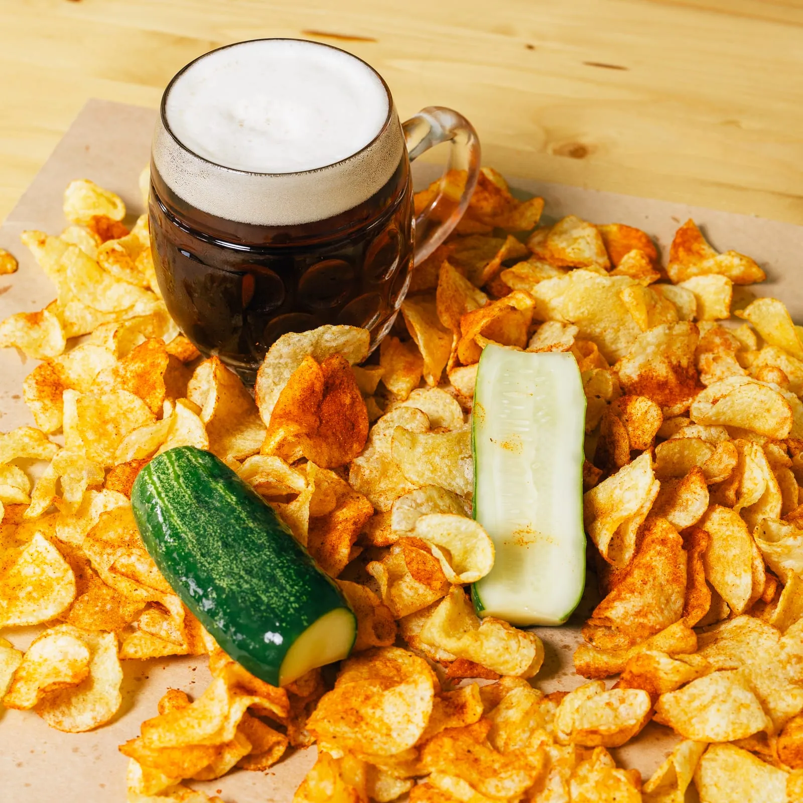 A pile of house chips with cucumber pickle spears on top